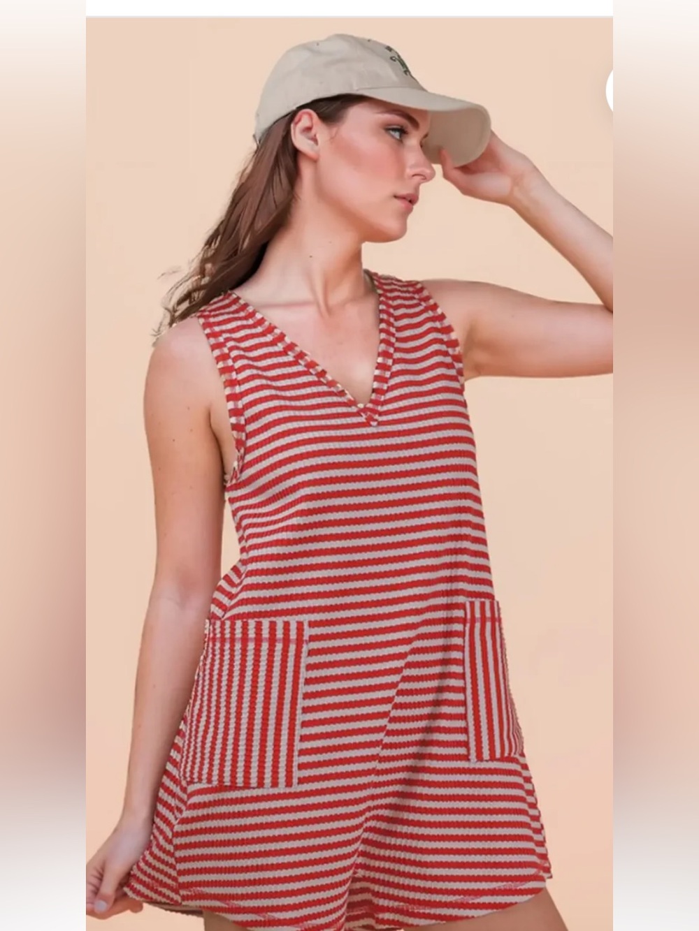 Very J Red and White Striped Sleeveless Pocket Dress